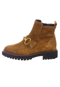 Cizma de gleznă din suede maro cu o talpă groasă din cauciuc negru. Prezintă o cataramă decorativă de culoare aurie și un finisaj neted pe partea superioară.