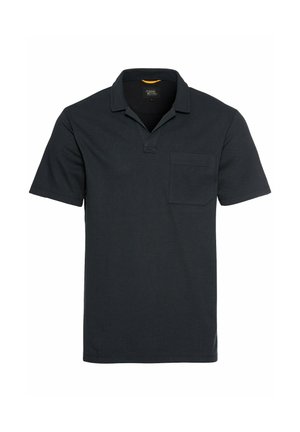 Mørkegrå kortærmet polo skjorte med ribbet tekstur, flad krave og en enkelt brystlomme. Enkelt design og letvægtsmateriale.