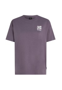 Paarse katoenen t-shirt met korte mouwen, met een kleine witte grafische print op het linker borstgebied. Klassiek ronde hals ontwerp.