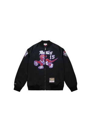 Schwarze Zip-Jacke mit dem Toronto Raptors Dinosaurier-Logo, das einen Basketball hält, und der Nummer 15, mit NBA Hardwood Classics-Logo.