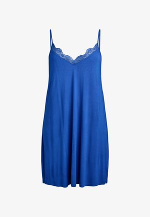 Modrý saténový šaty na ramínka s tenkými popruhy, vroubkovaný krajkový lem na výstřihu a volný, splývavý střih. Hladká textilie.