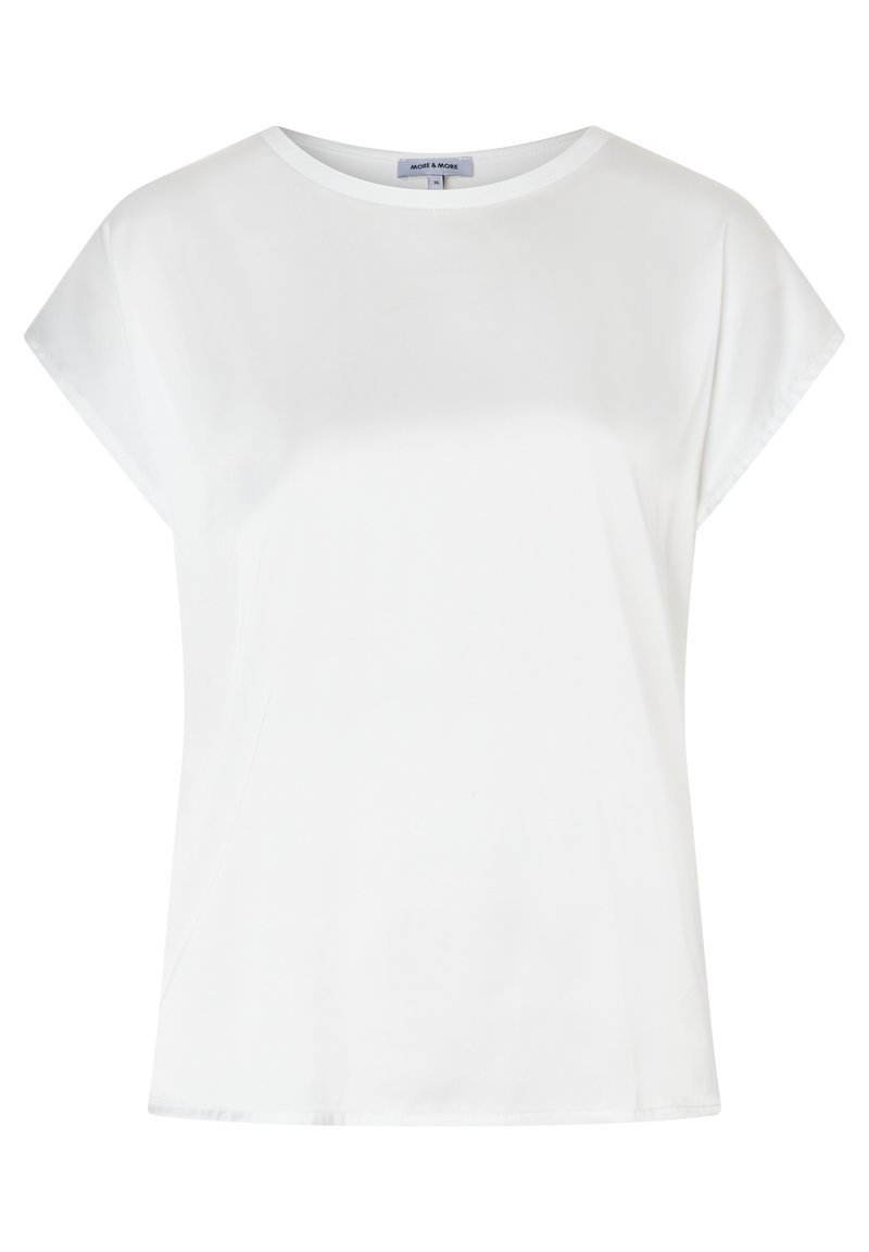 Weißes, kurzärmeliges Oberteil mit Rundhalsausschnitt, aus einem glatten, leichten Stoff und in lässiger Passform. Keine auffälligen Muster oder Verzierungen.