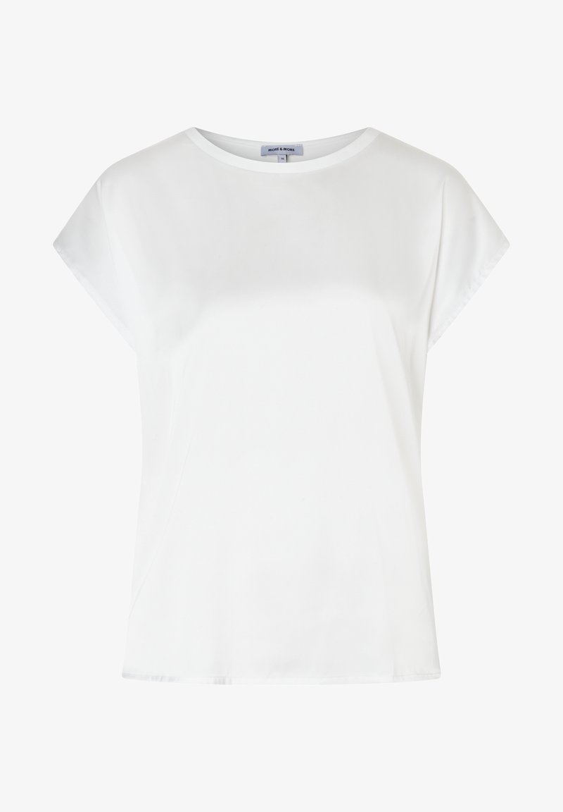 Weißes, kurzärmeliges Oberteil mit Rundhalsausschnitt, aus einem glatten, leichten Stoff und in lässiger Passform. Keine auffälligen Muster oder Verzierungen.