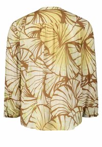 Blus med lång ärm i grön och brun abstrakt bladmönster, rynkad bakre ok och knäppte manschetter.