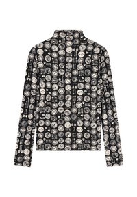 Zwart shirt met lange mouwen met een herhalend rond patroon van witte borden en bestek, met een col en een zachte textuur.