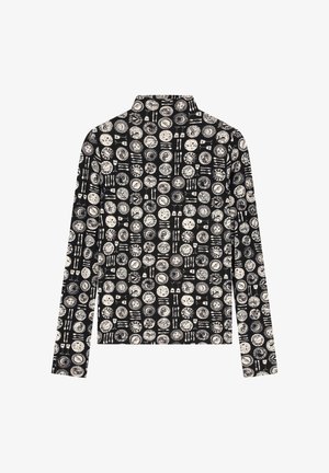 Black long-sleeve shirt featuring a repeating circular pattern of white plates and utensils, with a mock neck and soft texture.