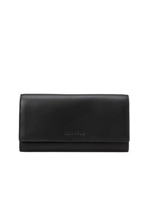 Black leather wallet with fold-over flap and subtle embossed Marc O’Polo logo at center front.
