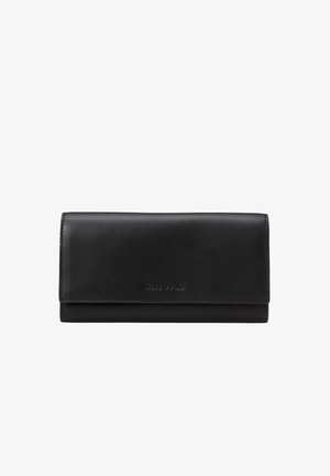 Portefeuille en cuir noir avec rabat pliable et logo Marc O’Polo subtilement embossé au centre devant.