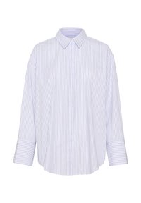 Striped button-up shirt in light blue and white, featuring a collar, long sleeves, and a relaxed fit with a curved hem.