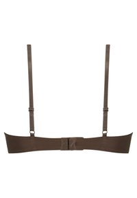 Brown bra with adjustable straps, smooth material, wide band, and a hook closure at the back. Simple design without embellishments.