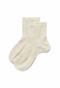 Krémové ponožky s jemnou ribbovanou texturou a subtilním melírovaným vzorem. Výšky kotníků, s vyztuženými patami a špičkami pro zvýšení odolnosti.