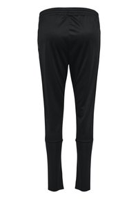 Svarta träningsbyxor med elastisk midja, gjorda av slätt tyg, med avsmalnande ben och utan synliga mönster eller accenter.