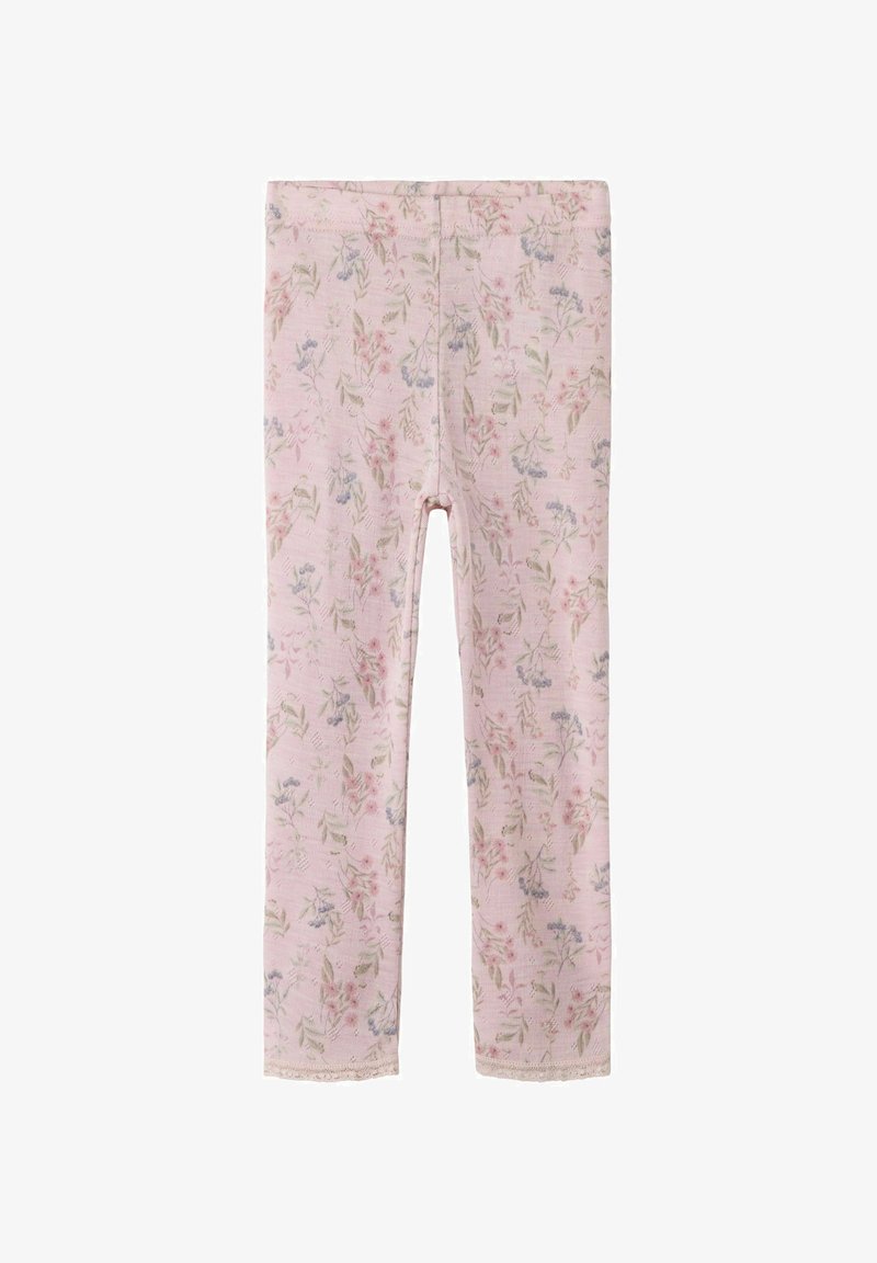 Leggings pour enfants rose doux avec un motif floral délicat aux couleurs pastel et une bordure en dentelle aux chevilles.