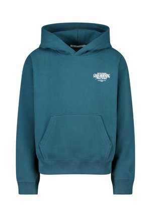 Teal hoodie gemaakt van zacht materiaal, met een voorvak, verstelbare capuchon en een wit tekstontwerp op de borst. Ribgebreide manchetten en zoom.