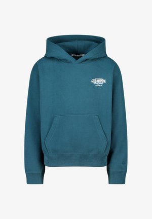 Felpa turchese realizzata in morbido materiale, con tasca frontale, cappuccio regolabile e design testuale bianco sul petto. Maniche e orlo a coste.