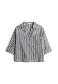 Chemise à rayures verticales grises et blanches, boutonnée, avec col large, poche poitrine et manches jusqu'au coude, posée à plat.