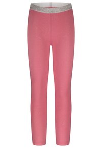 Roze legging met een sprankelende zilveren tailleband, met een zachte textuur en een aansluitend ontwerp, versierd met subtiele glinsterende deeltjes.
