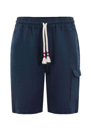 Marineblauwe knielange shorts met elastische tailleband, wit trekkoord met rode strepen en een zijzak met klep.