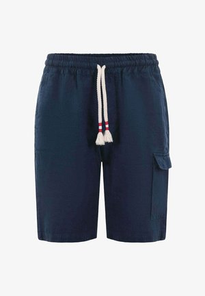 Marineblauwe knielange shorts met elastische tailleband, wit trekkoord met rode strepen en een zijzak met klep.