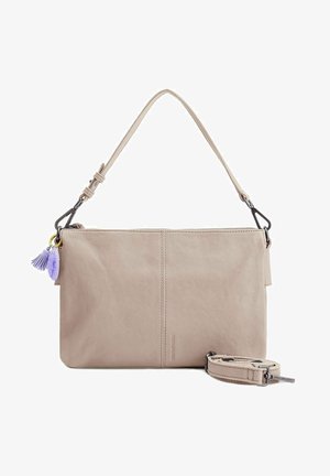 Beige Ledertasche mit glatter Textur, ausgestattet mit einem abnehmbaren Schulterriemen, Reißverschluss und lila Quasten-Detail.