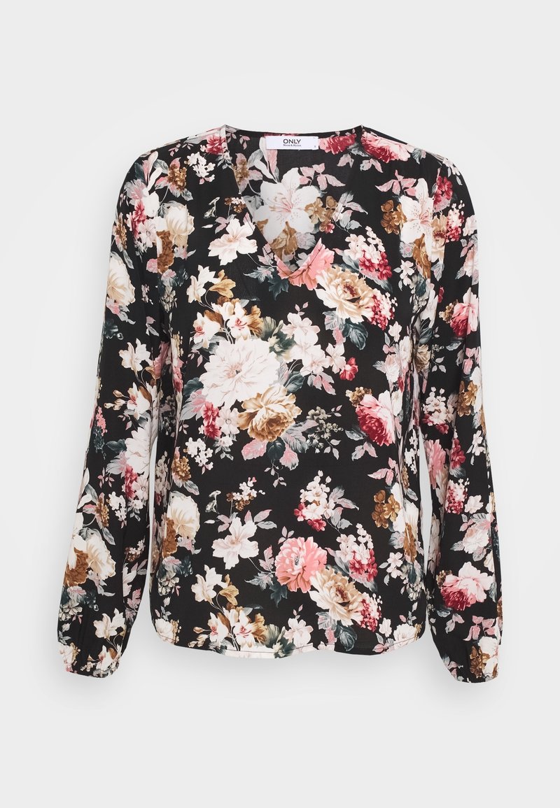 Blusa nera a fiori con maniche lunghe, scollo a V e una varietà di grandi fiori multicolore tra cui rose, bianchi e accenti marroni.