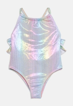 Costume intero per bambini con tessuto iridescente olografico e spalline sottili, mostrato su sfondo bianco.