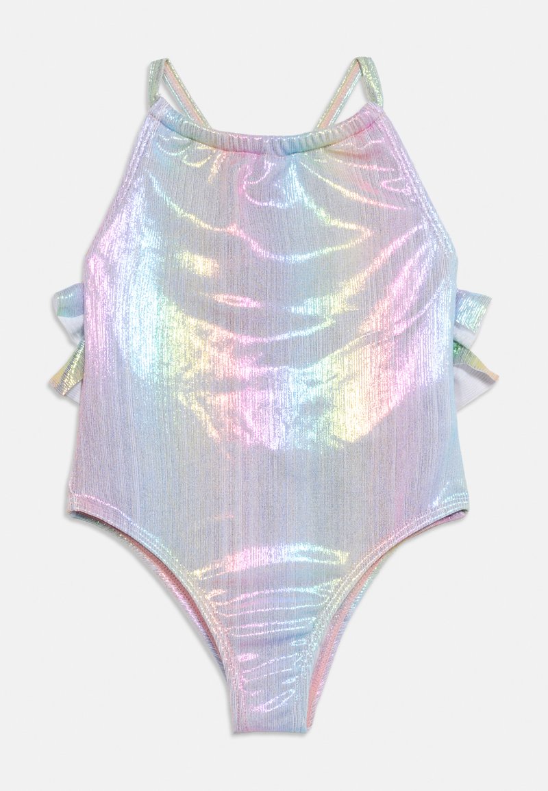 Ολόσωμο μαγιό παιδικό με ιριδίζον, ολογραφικό ύφασμα και λεπτές τιράντες, παρουσιασμένο σε λευκό φόντο.