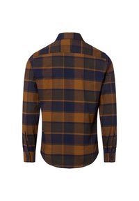 Langsleeve shirt in oranje en donkerblauwe ruitpatroon. Heeft een klassieke kraag en knopenmanchetten, gemaakt van een gestructureerde stof.
