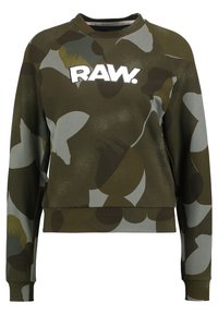 Sweat-shirt camouflage en vert olive avec des motifs abstraits gris et marron. Présente un col rond et le texte "RAW." imprimé à l'avant.
