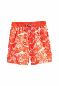 Shorts de bain orange vif avec des motifs de requins blancs et de coraux. Dotés d'une taille élastique avec un cordon de serrage gris. Matière douce.