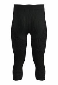 Schwarze Sportleggings aus strukturiertem Material mit einem engen Schnitt, breitem Bündchen und kontrastierenden Paneeldetails an den Unterschenkeln.