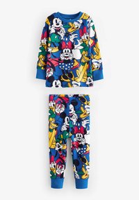 Set di pigiama a due pezzi con un vivace motivo di personaggi dei cartoni su uno sfondo blu. Maniche lunghe e polsini elasticizzati sui pantaloni.