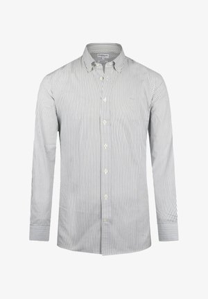 Gestreiftes Button-Up-Hemd in Hellgrau und Weiß, mit klassischem Kragen, langen Ärmeln und geradem Schnitt mit Knopfmanschetten.