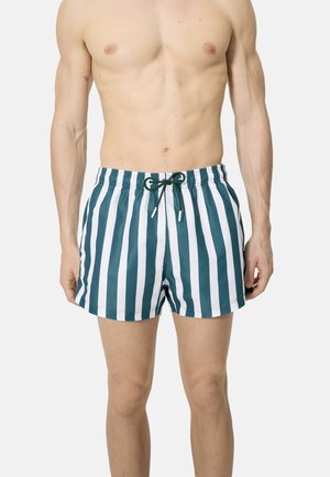 Hombre vestido con bañador a media pierna con rayas verticales verdes y blancas y cintura negra con cordón, posando contra un fondo liso.