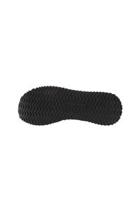 Suola di scarpa in gomma nera con una texture ondulata, caratterizzata da una scanalatura centrale e un marchio in rilievo, progettata per offrire aderenza e stabilità.