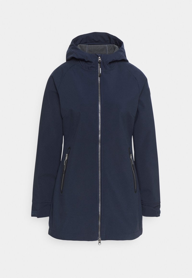 Veste à capuche bleu marine avec fermeture éclair frontale, deux poches latérales zippées et manches longues, conçue pour les temps froids.