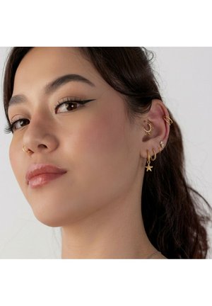 Junge Frau mit mehreren goldenen Ohrringen und einer Nasenpiercing, trägt Flügel-Eyeliner, mit dunklem zurückgebundenem Haar vor einfachem Hintergrund.