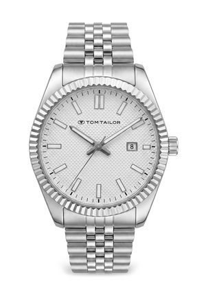 Silver metal wristwatch with white textured dial, silver hour markers and hands, date display at 3 o'clock, and linked metal band.