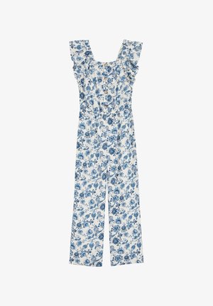 Valge lilleline jumpsuit siniste mustritega. Omab volanikega varrukasid, nuppe ees ja lõdva istuvusega laia säärega.