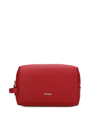 Rectangular red leather toiletry bag with side handle, top zipper, and small gold "Picard" logo on front center.