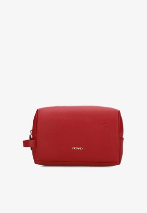 Rectangular red leather toiletry bag with side handle, top zipper, and small gold "Picard" logo on front center.