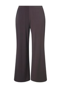 Donkergrijze broek met wijde pijpen, gemaakt van zacht, rekbaar stof. Voorzien van een elastische tailleband en een naadloos ontwerp voor comfort en draaggemak.