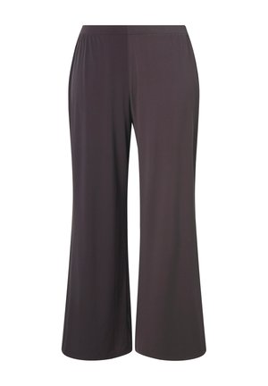 Pantaloni grigio scuro a gamba larga realizzati in tessuto morbido ed elastico. Presentano una cintura elasticizzata e un design senza cuciture per comfort e facilità di utilizzo.