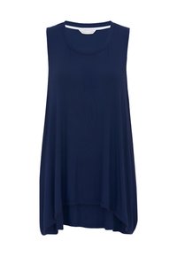 Marineblauw mouwloos topje met een ronde halslijn, valt losjes met een hoge-lage zoom, gemaakt van gladde, lichte stof.
