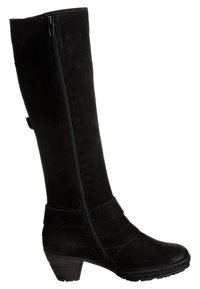 Botte en cuir noire mi-mollet avec fermeture éclair latérale, petit talon empilé et bout arrondi.