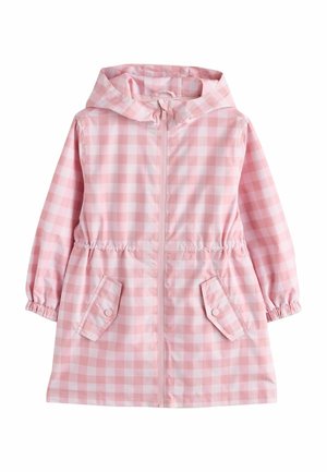 Pink-weiß karierter Kapuzenregenmantel für Kinder mit Frontreißverschluss, elastischem Bund und Bündchen sowie zwei Pattentaschen mit Druckknopf.