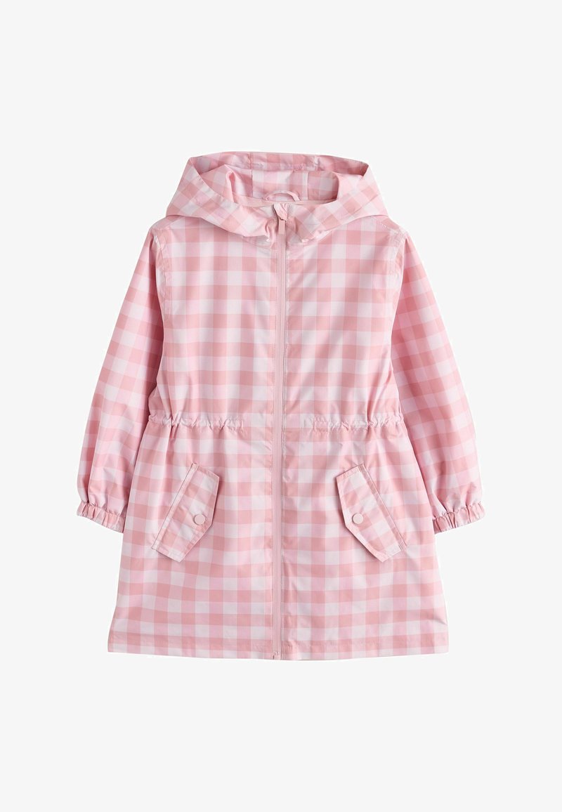 Imperméable à capuche pour enfants à carreaux roses et blancs, fermeture éclair sur le devant, taille et poignets élastiqués, et deux poches à rabat avec boutons-pression.