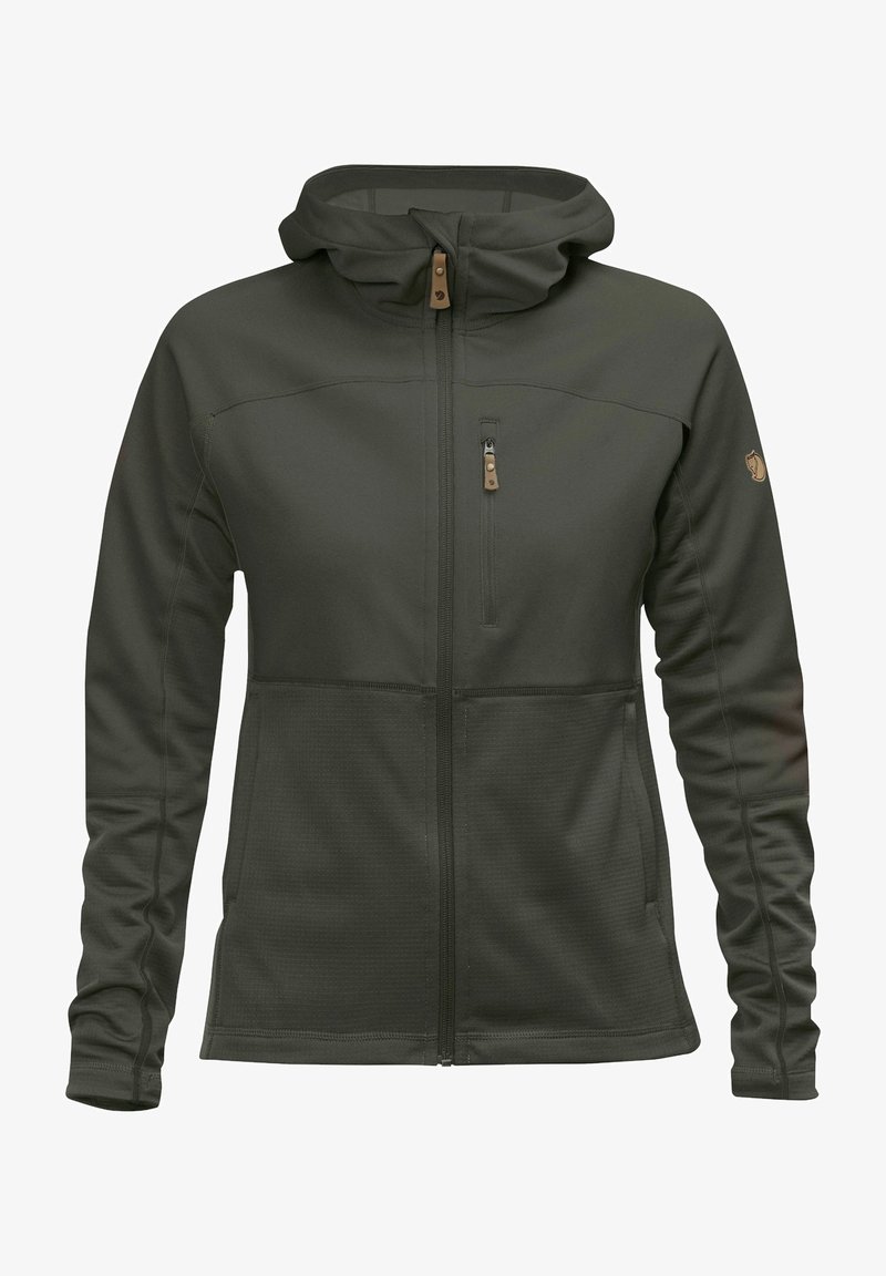 Felpa con zip di un verde scuro realizzata in tessuto morbido e elasticizzato. Presenta un cappuccio aderente, tasca sul petto con zip e cuciture piatte per un maggiore comfort.