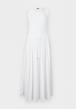 Sleeveless white maxi dress with fitted bodice, round neckline, and pleated skirt featuring a drawstring waist with metal tips.