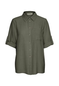 Camicia verde oliva a maniche corte con colletto, taschino sul petto e patelle a bottone sulle maniche arrotolate.